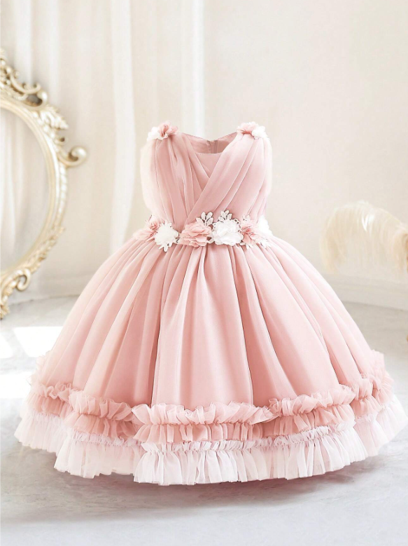 Party Princess Dress With 3D Floral Mesh Tulle Skirt