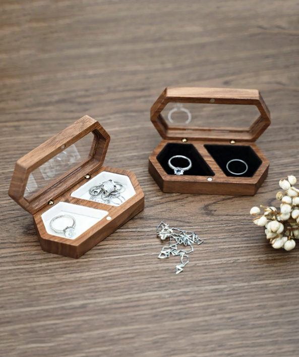 Walnut Wood 'we Do' Carved Double Ring Box