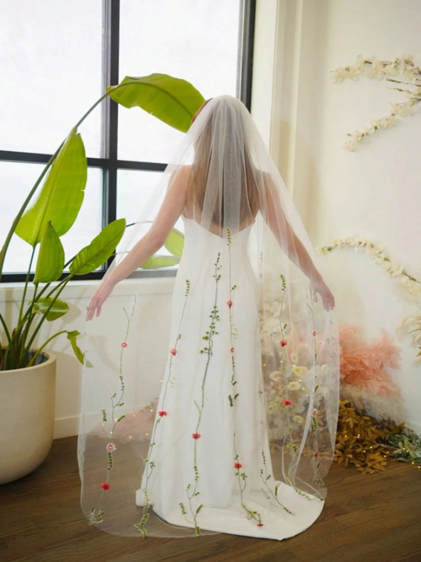 Embroidered Flower Leaf & Butterfly Long Bridal Veil