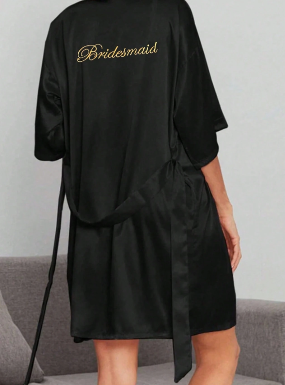 Letter Embroidered Belted Satin Bridesmaid Robe Black