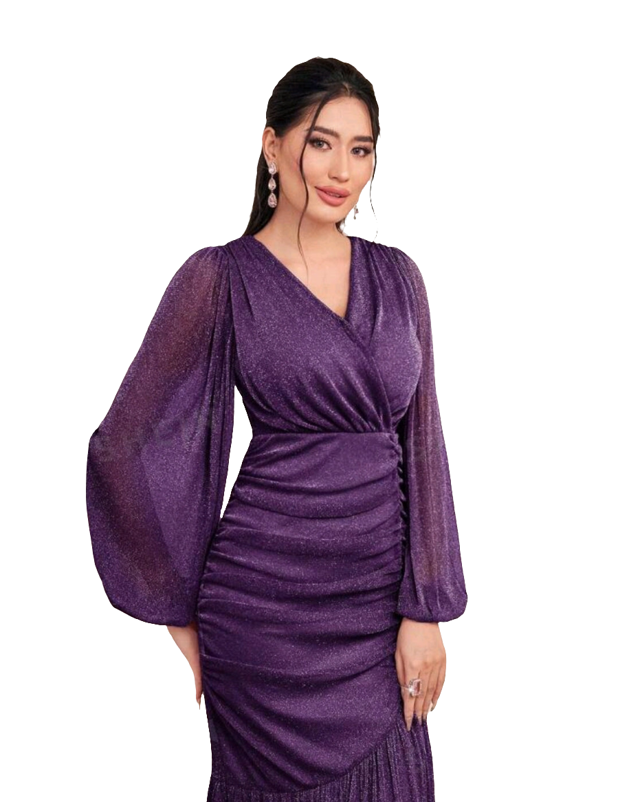 Violet Lantern Sleeve Pleated Bodycon Dress