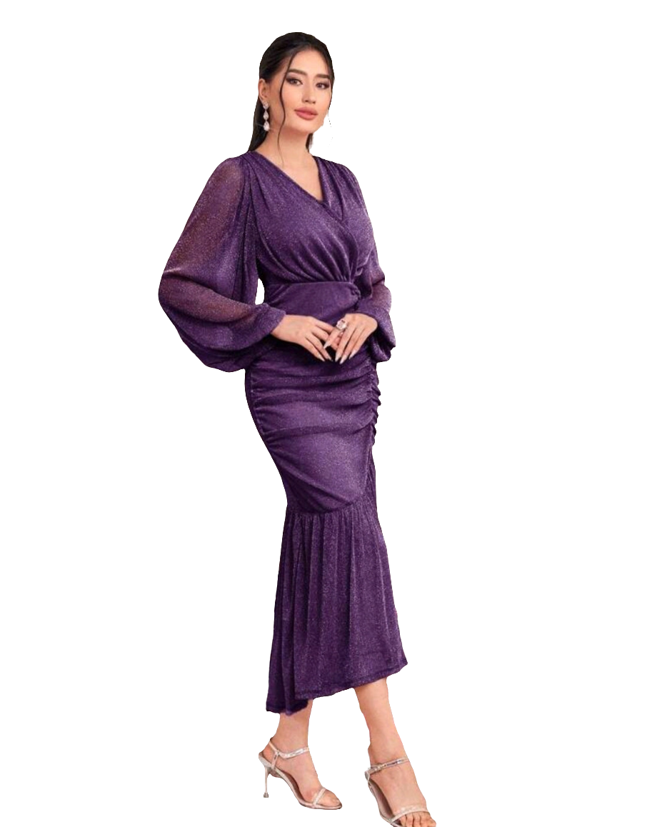 Violet Lantern Sleeve Pleated Bodycon Dress