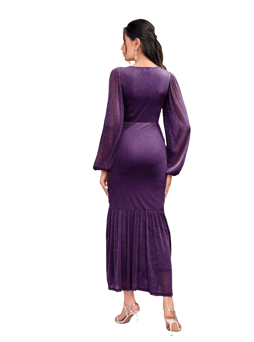 Violet Lantern Sleeve Pleated Bodycon Dress