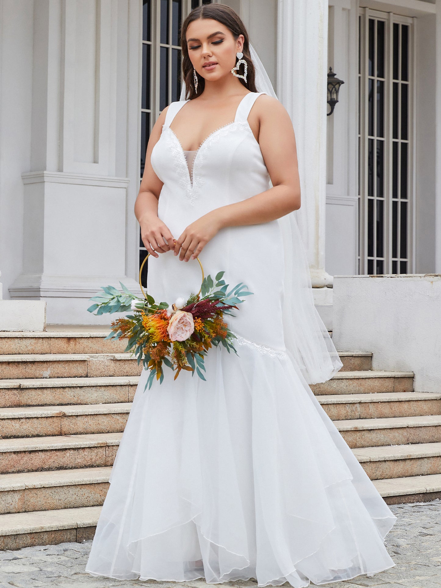 Plus Size Mesh Overlay Mermaid Wedding Dress
