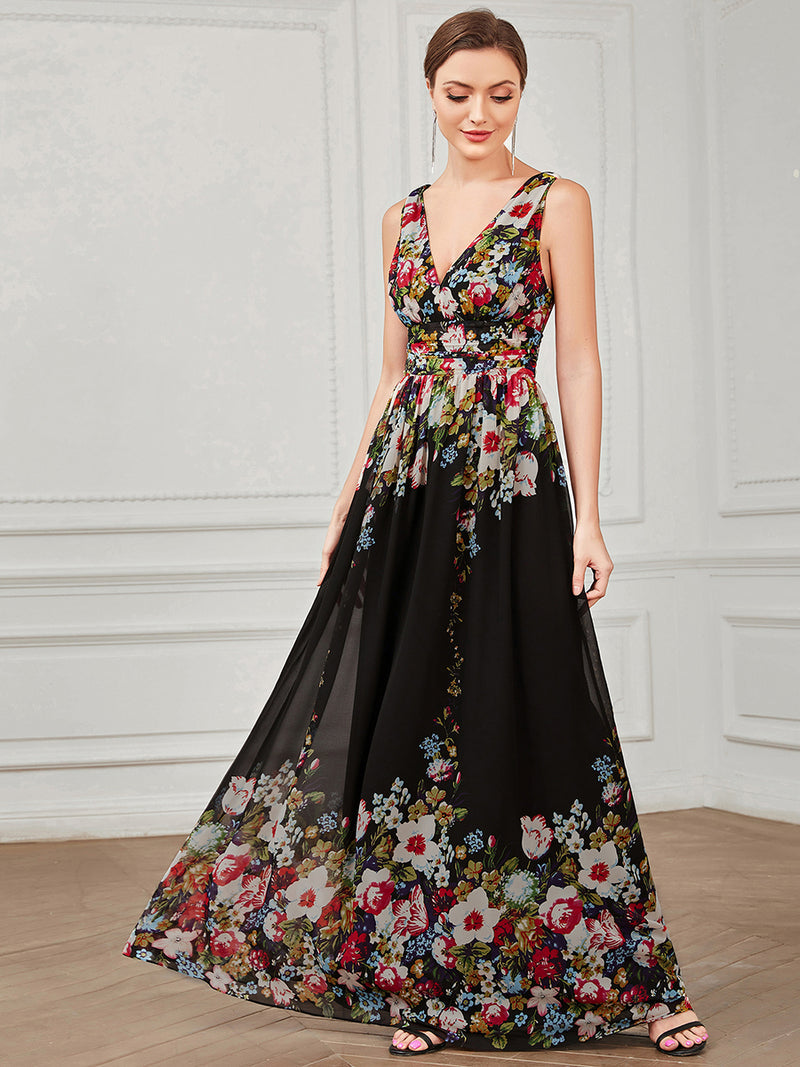 Floral Maxi Long Evening Dresses With Double V-Neck