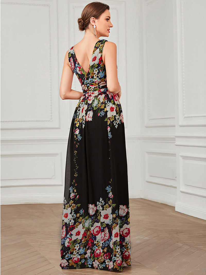 Floral Maxi Long Evening Dresses With Double V-Neck