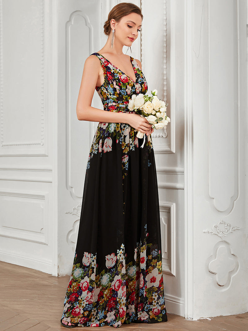 Floral Maxi Long Evening Dresses With Double V-Neck