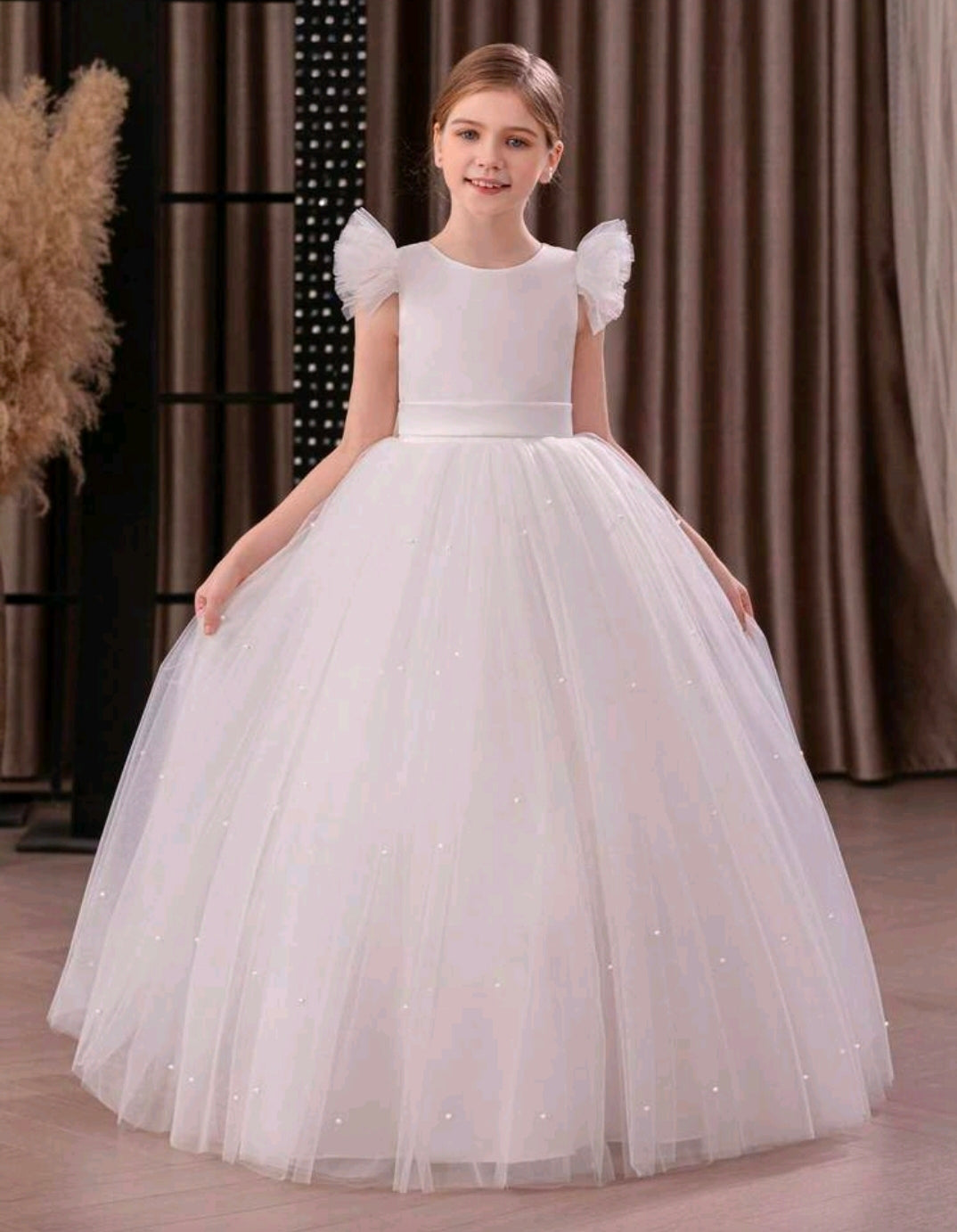 Tween Girl Ruffled Bowknot Decor Tulle Princess Dress White