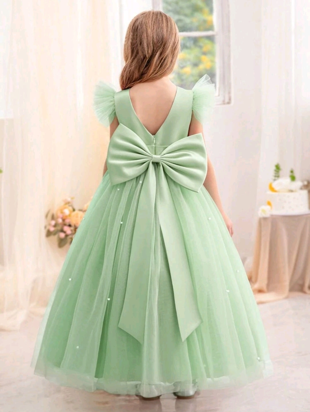 Mint Green Tween Girls' Beaded Bowknot Princess Dress Orchid