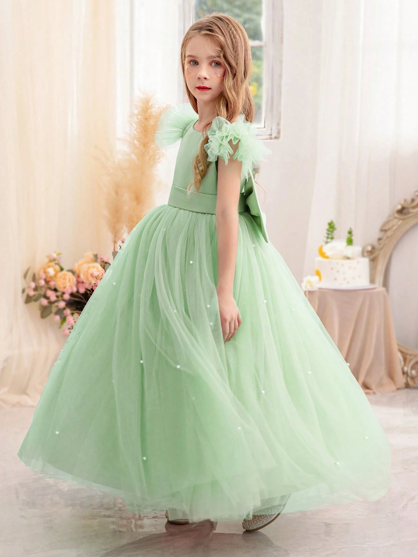 Mint Green Tween Girls' Beaded Bowknot Princess Dress Orchid