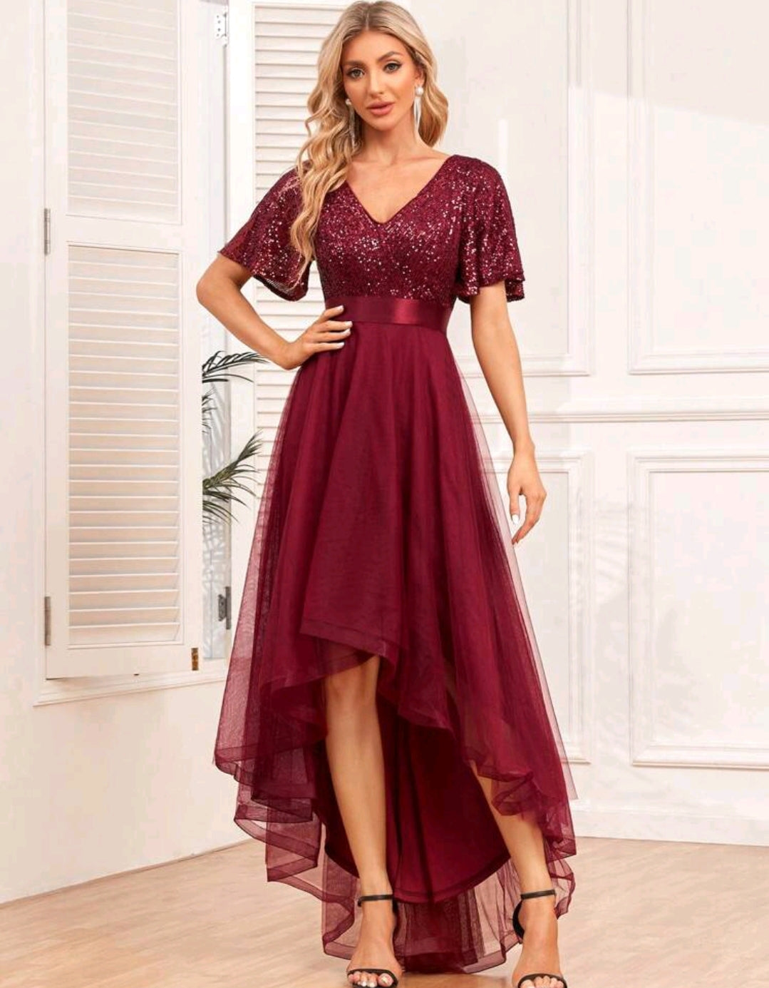 V Neck Short Sleeves Asymmetrical Hem Bridesmaid Dress