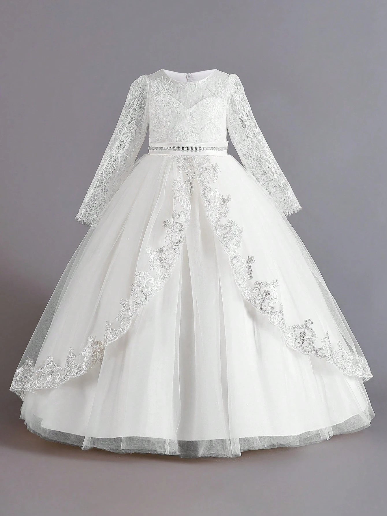 Long Sleeve Lace & Mesh Elegant Girls Dress