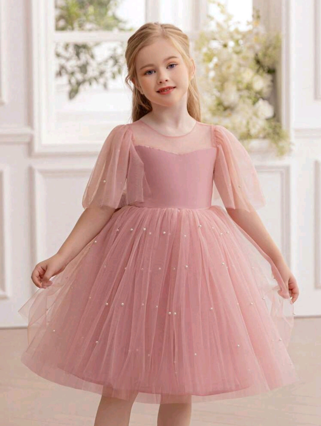 Girls Pearl Decor Tulle Sleeve Bow Party Dress