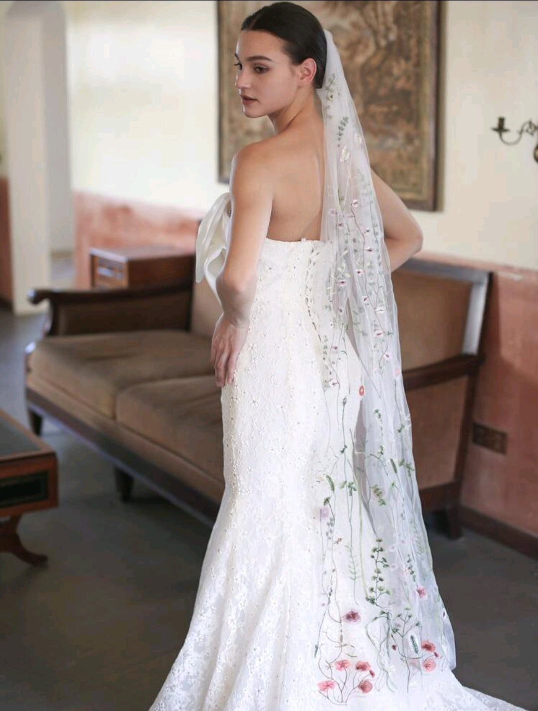 Embroidered Flower Leaf & Butterfly Long Bridal Veil