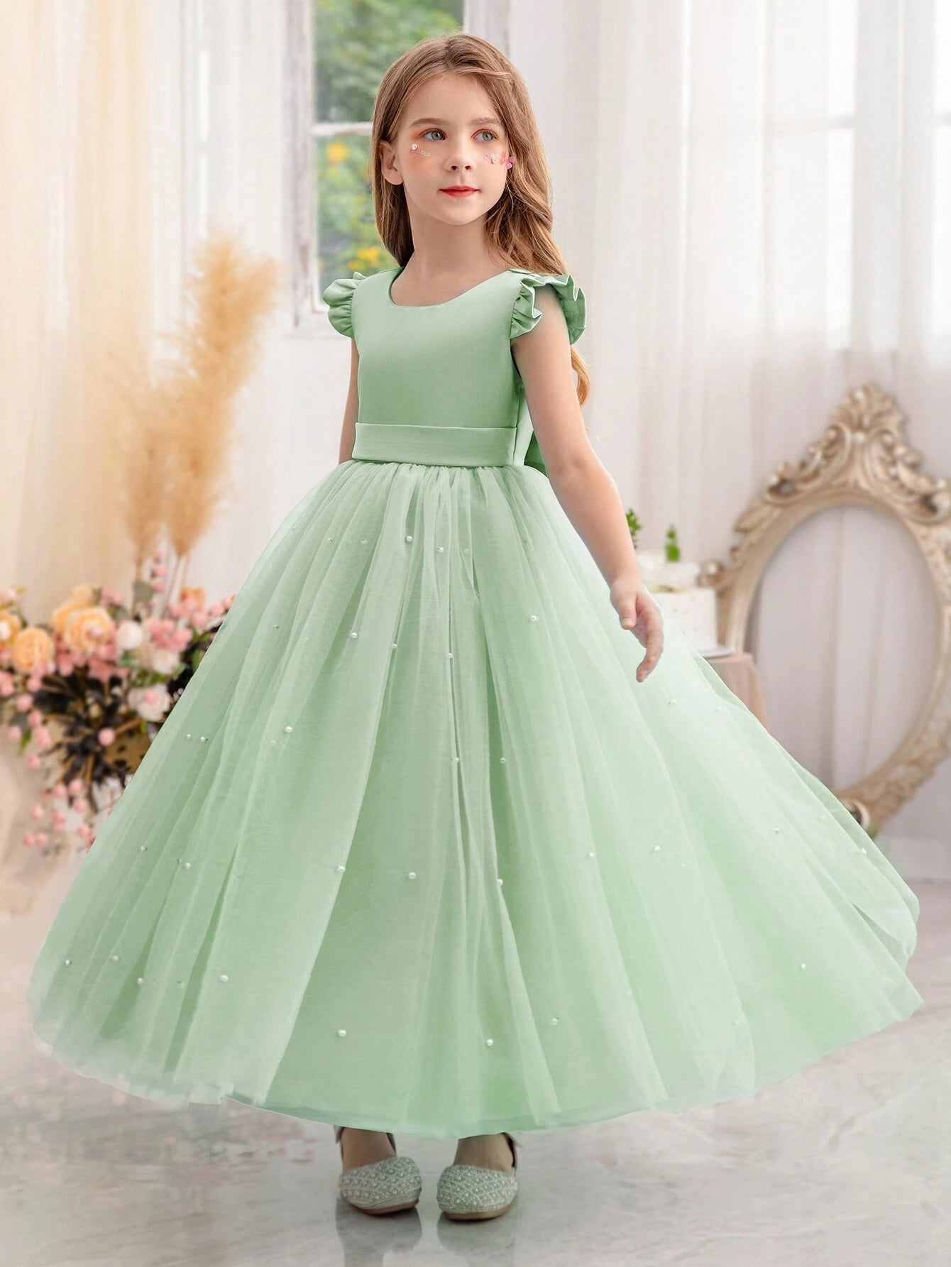 Tween Girl Ruffled Bowknot Decor Tulle Princess Dress