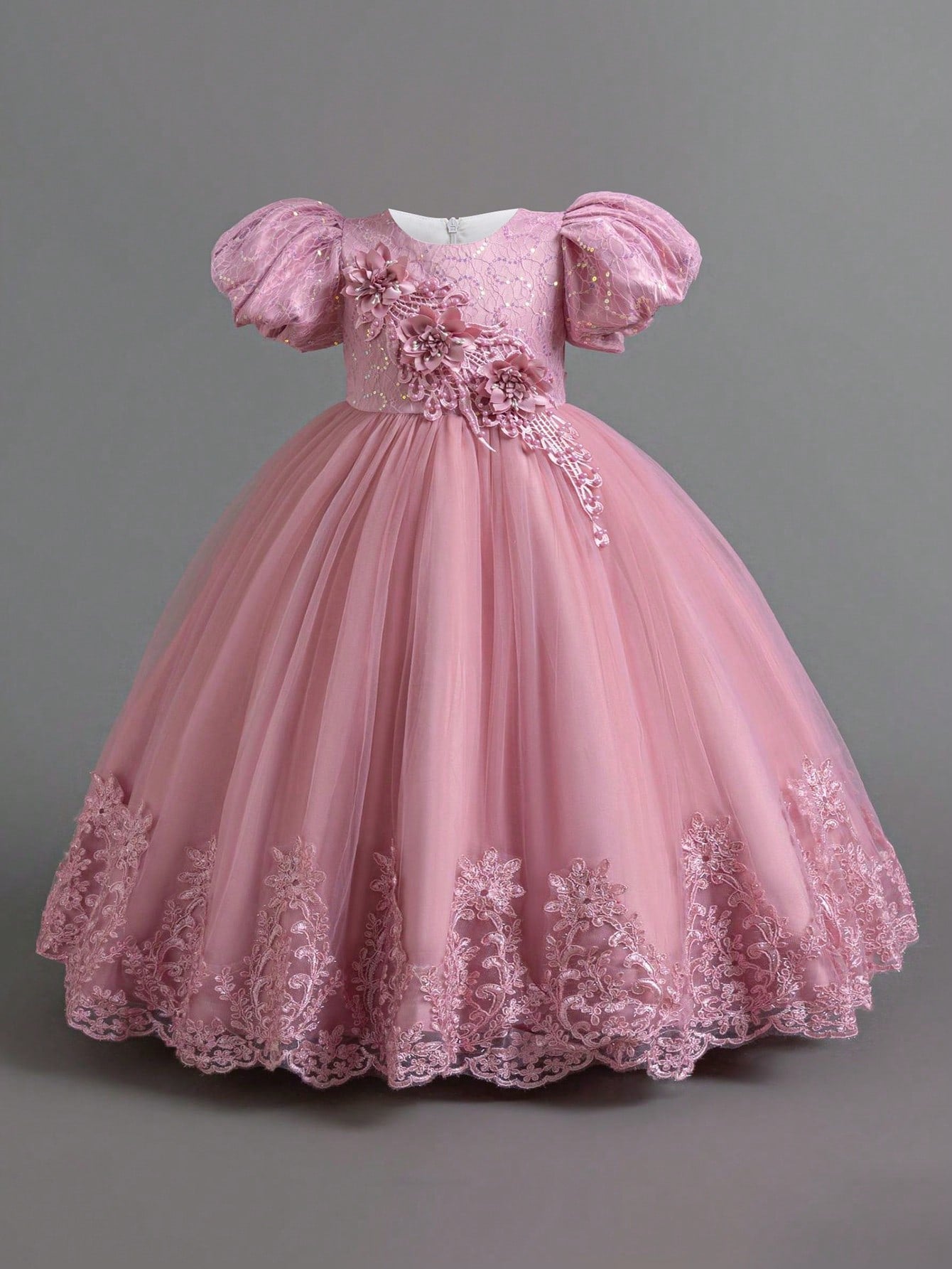 Girls' Pearl Embroidered Mesh Elegant Party Dress