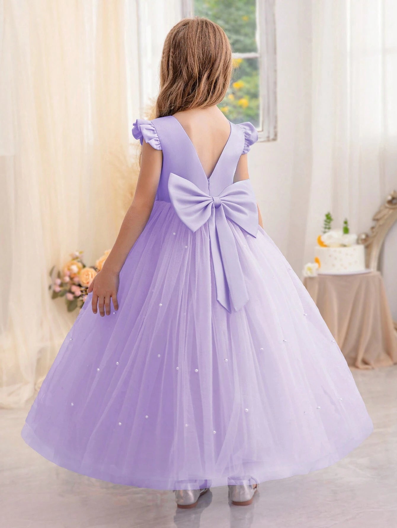 Tween Girl Ruffled Bowknot Decor Tulle Princess Dress