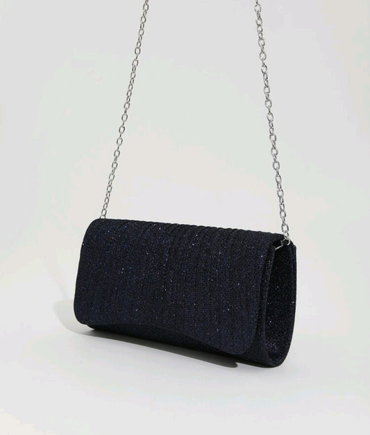 Glamorous Pleated Detail Flap Chain Glitter Navy