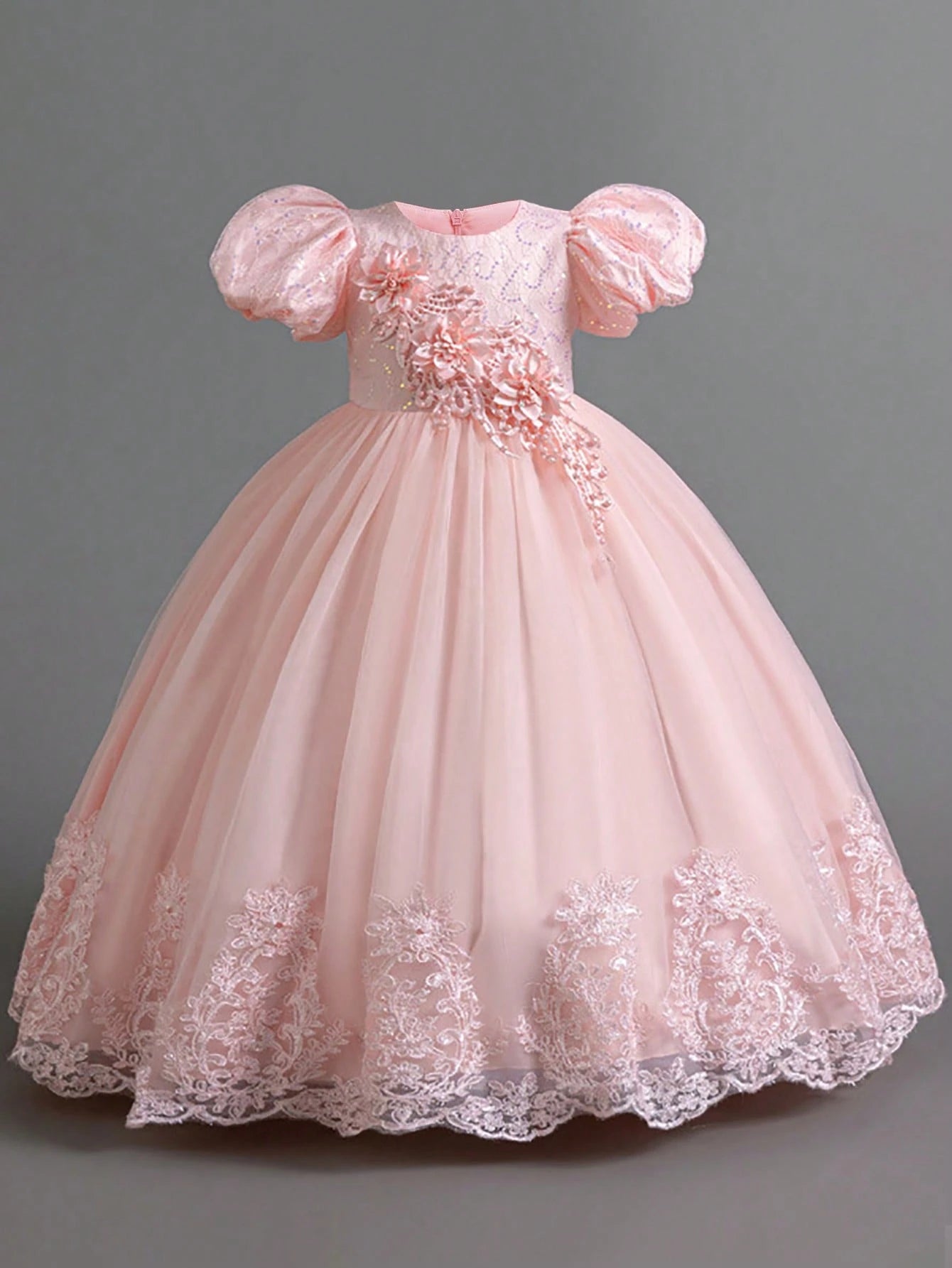 Girls' Pearl Embroidered Mesh Elegant Party Dress