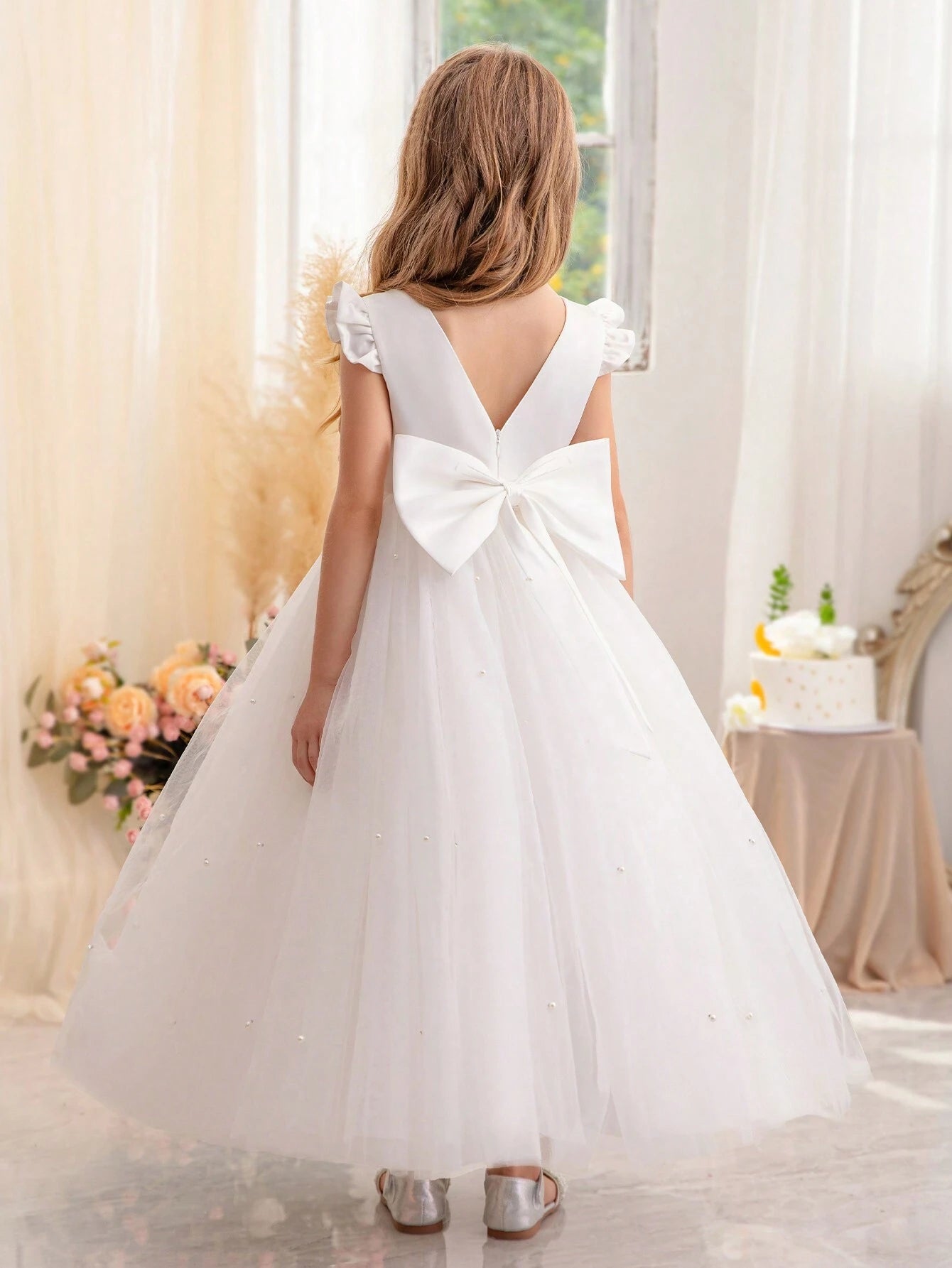 Tween Girl Ruffled Bowknot Decor Tulle Princess Dress