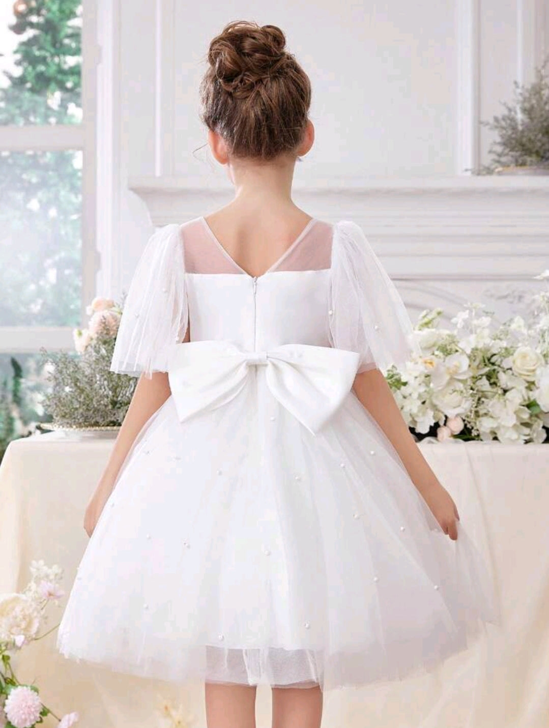 Girls Pearl Decor Tulle Sleeve Bow Party Dress