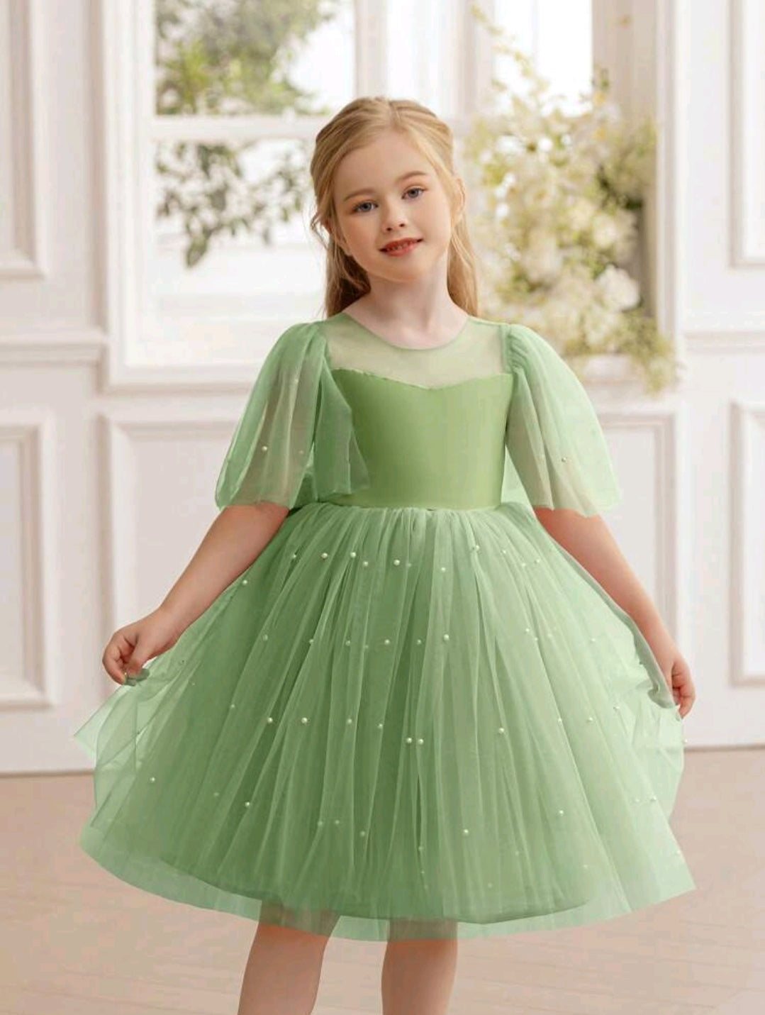 Girls Pearl Decor Tulle Sleeve Bow Party Dress