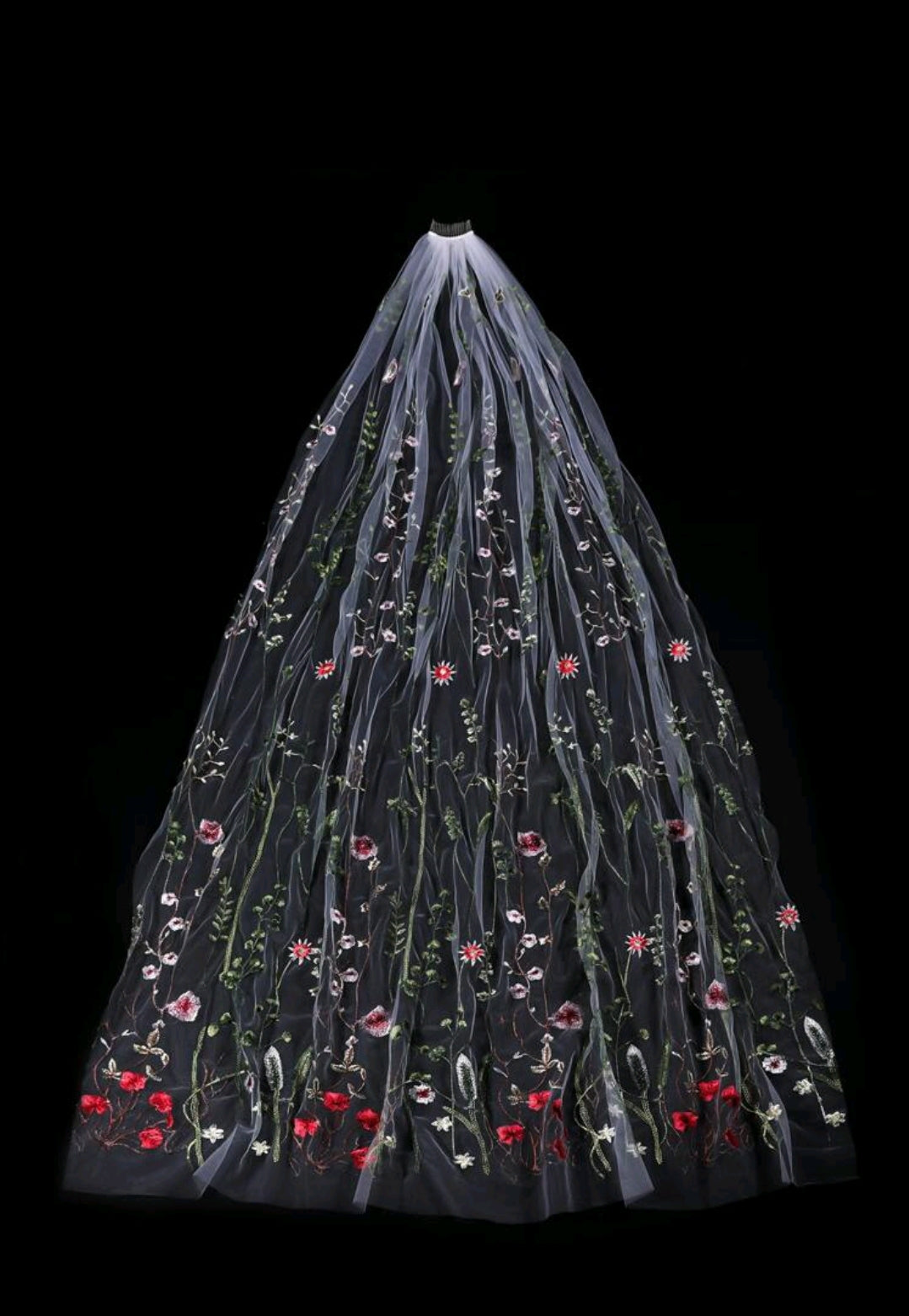 Embroidered Flower Leaf & Butterfly Long Bridal Veil