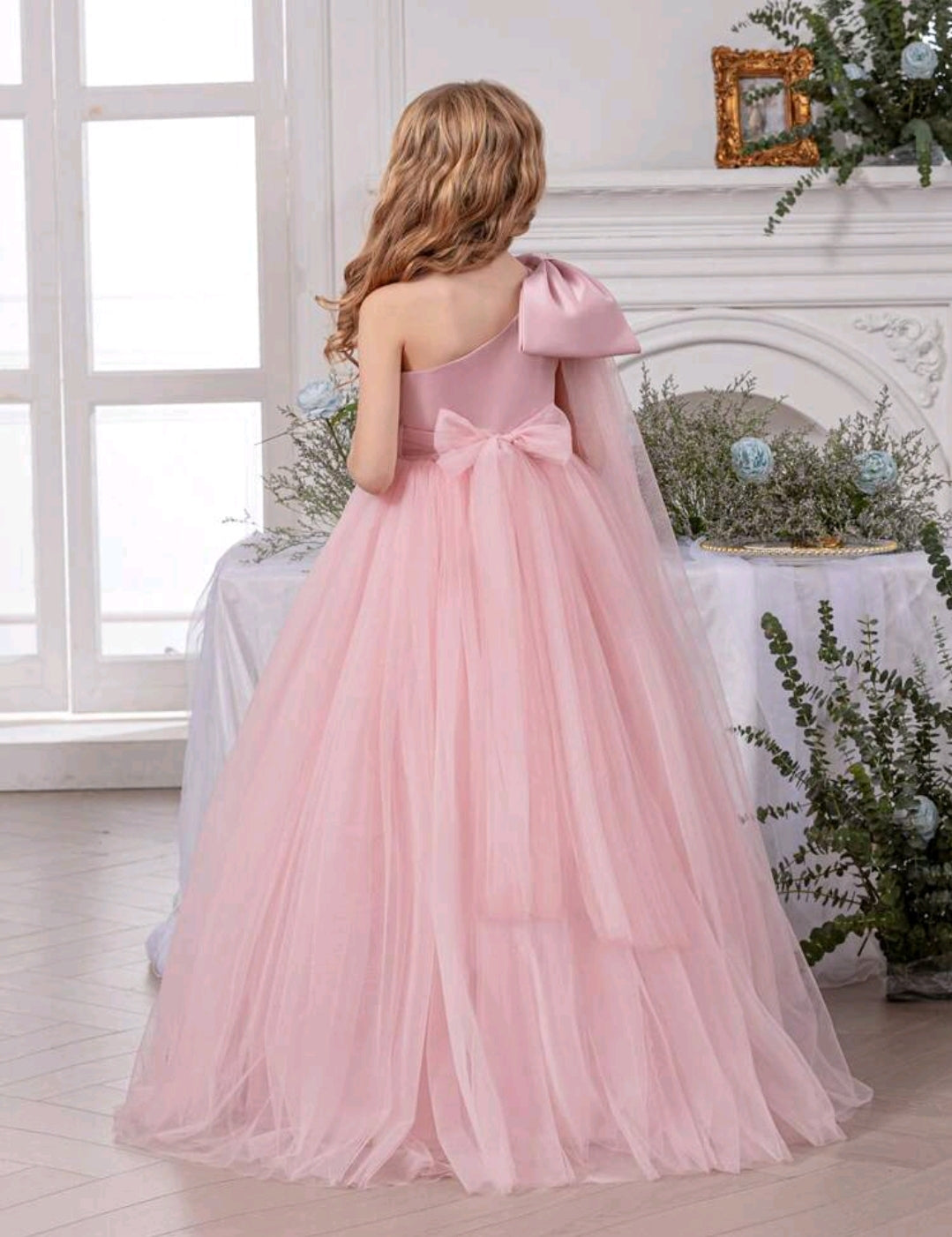 Tween Girl's One Shoulder Tulle Bow Decor Drsss
