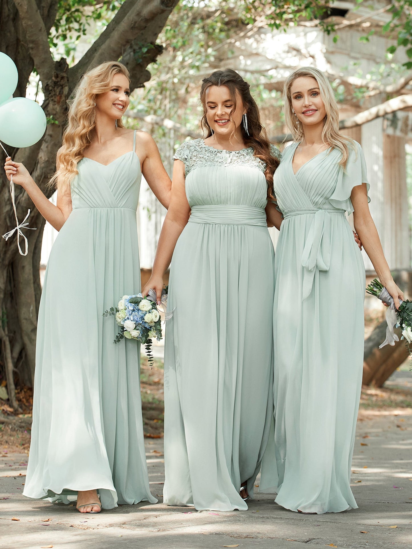 A Line bridesmaid Dresses with Deep V Neck Ruffles Sleeves