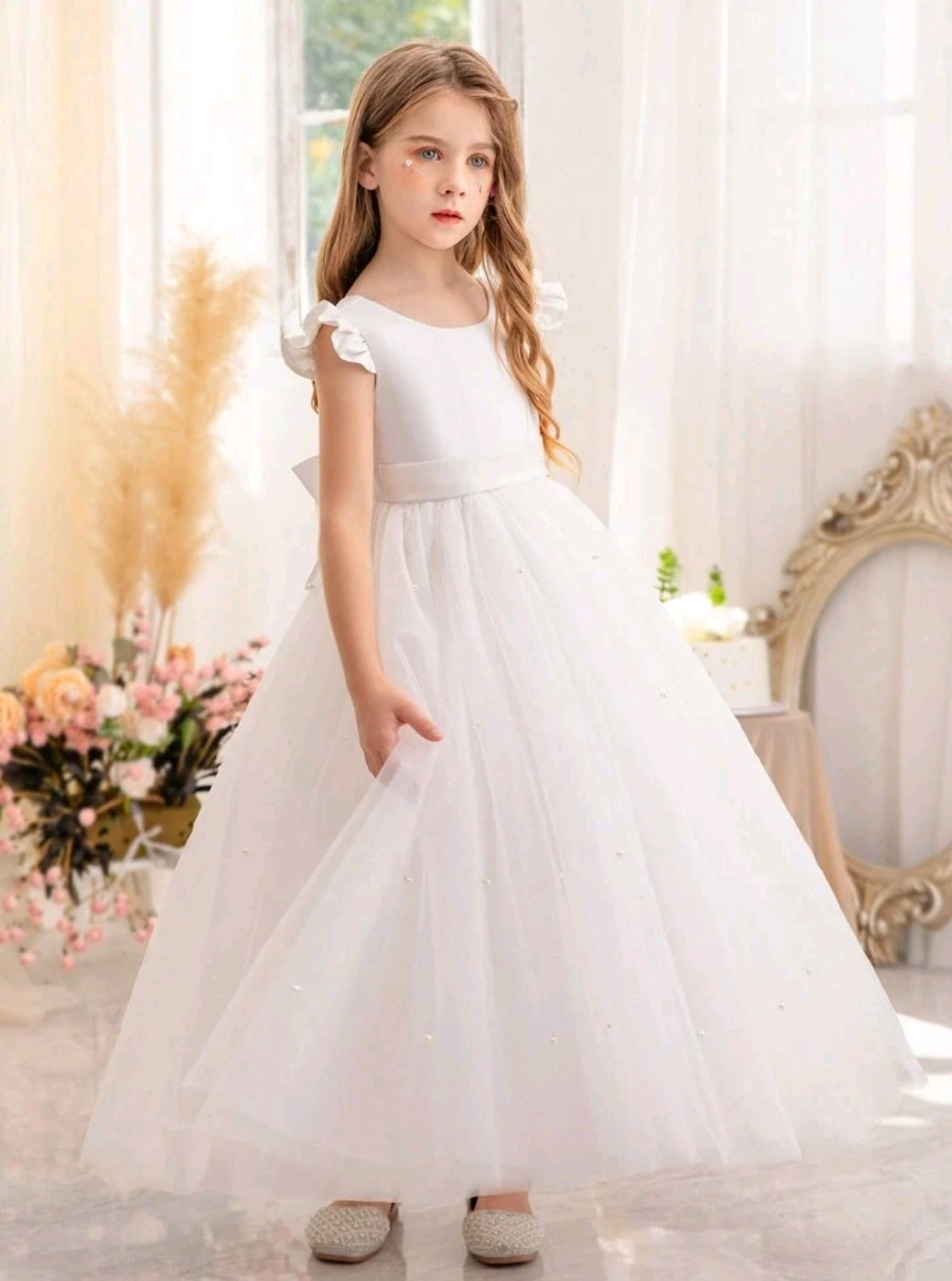 Tween Girl Ruffled Bowknot Decor Tulle Princess Dress