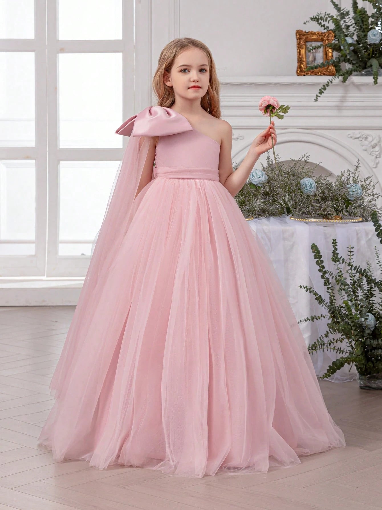 Tween Girl's One Shoulder Tulle Bow Decor Drsss