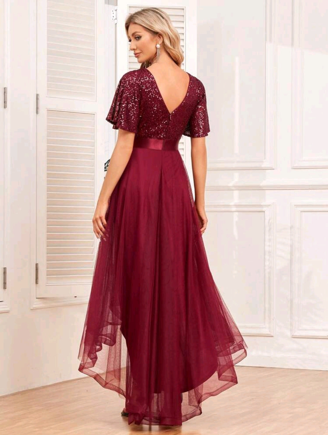 V Neck Short Sleeves Asymmetrical Hem Bridesmaid Dress
