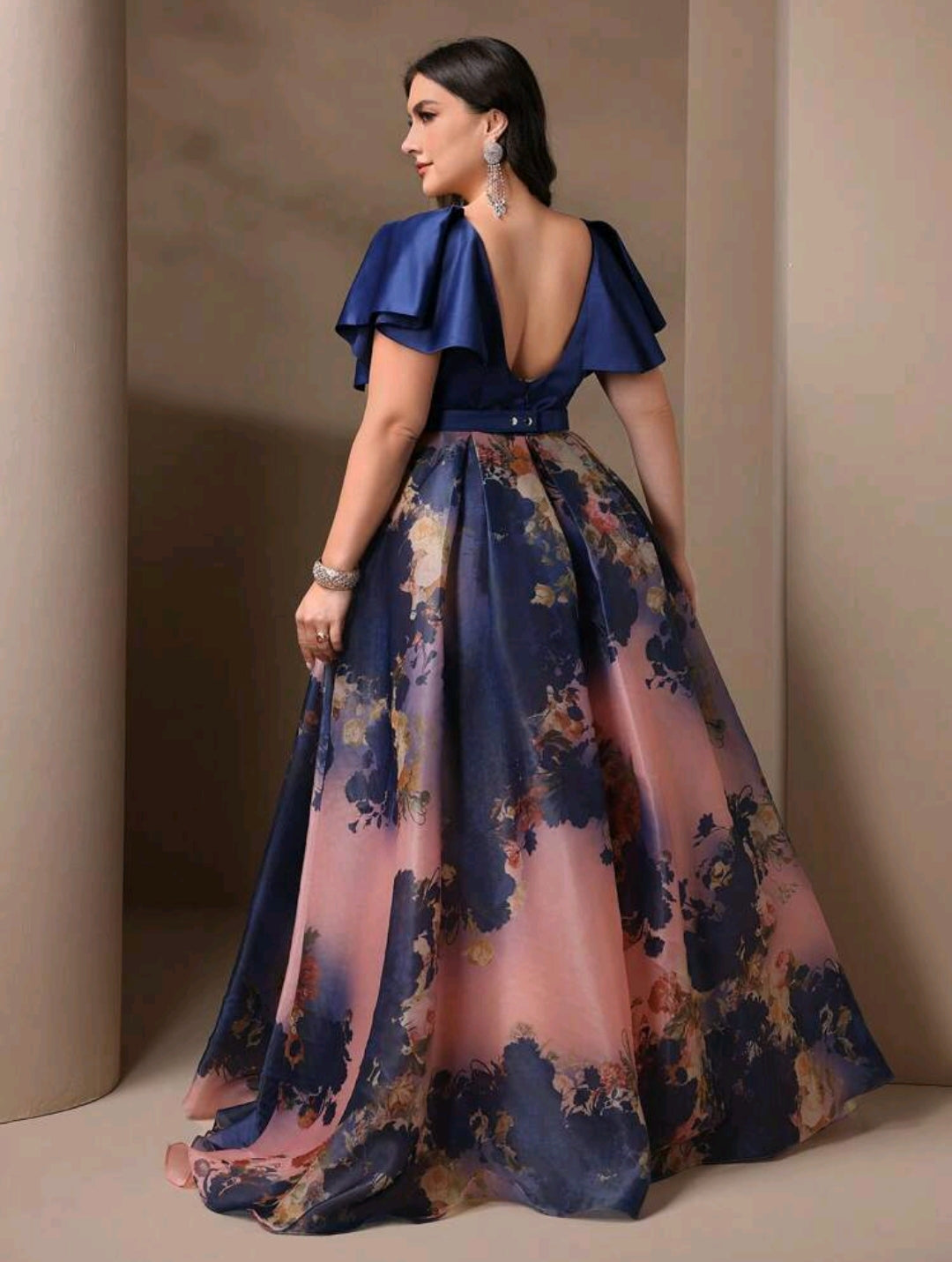Plus Size Floral Print Patchwork Bridesmaid Maxi Dress