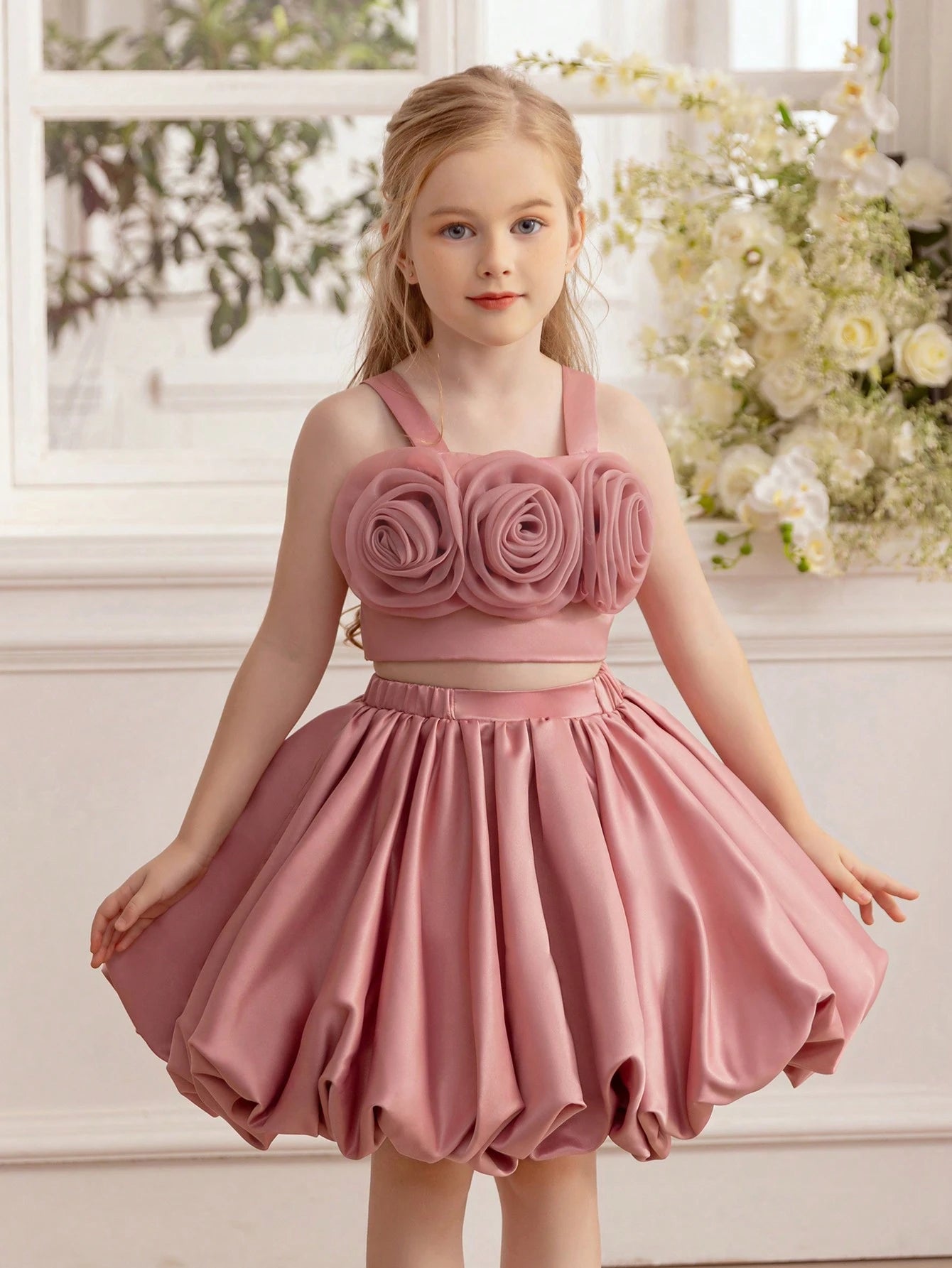 3D Floral Camisole 2 Piece Set For Girls