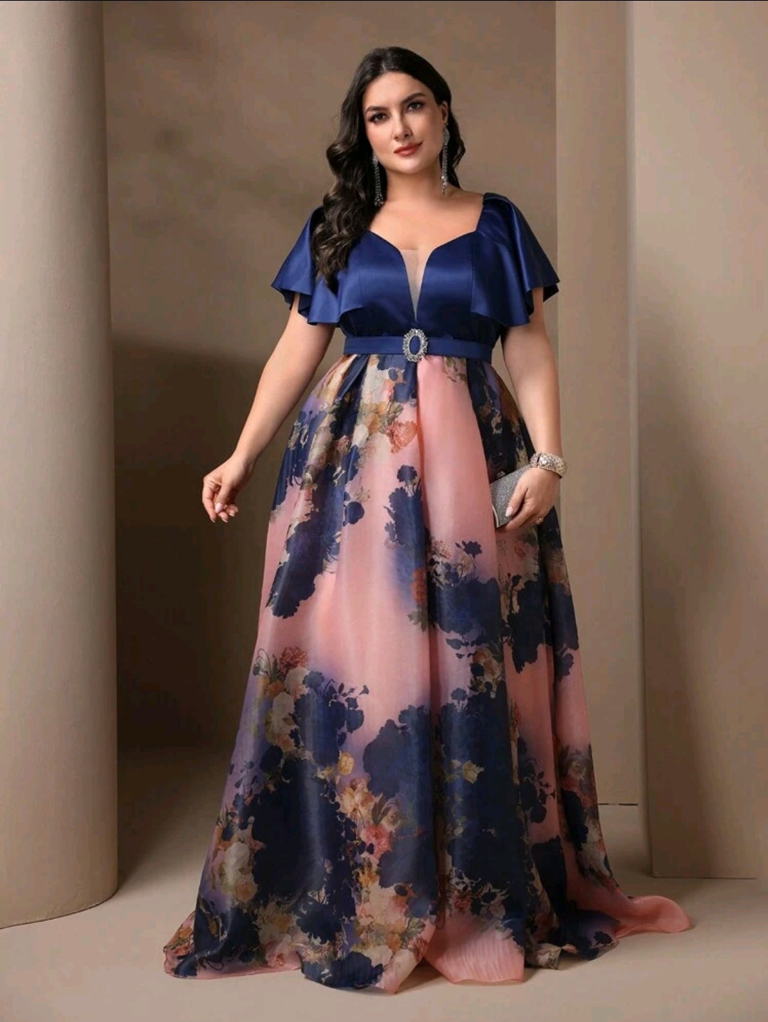 Plus Size Floral Print Patchwork Bridesmaid Maxi Dress