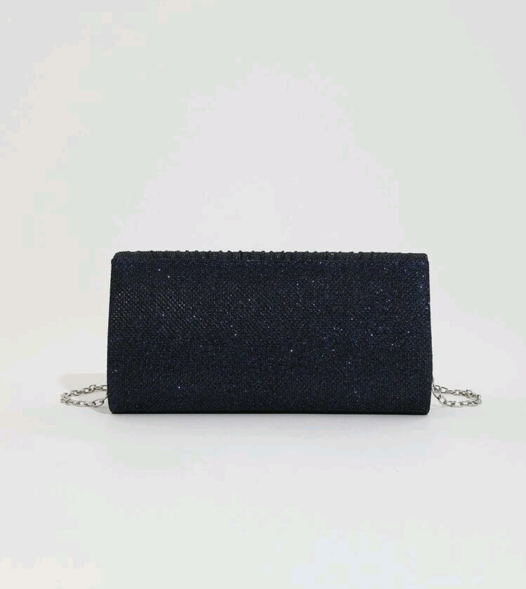Glamorous Pleated Detail Flap Chain Glitter Navy