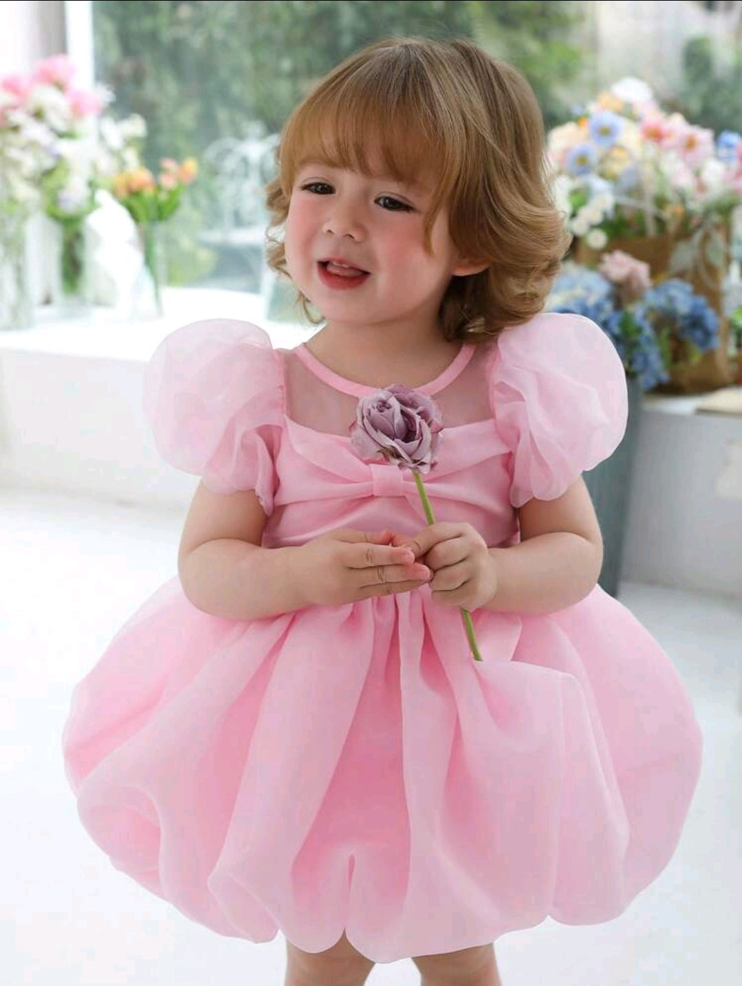 Toddler Bowknot Puff Sleeve Tulle Dress