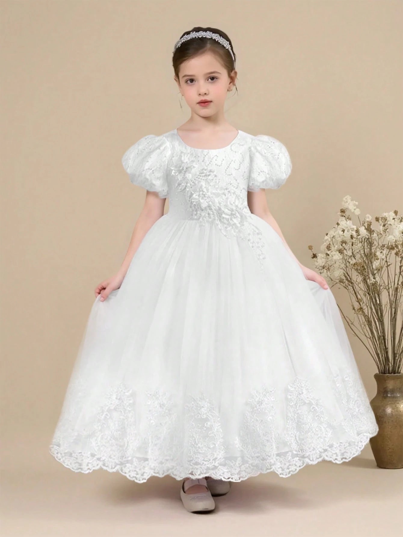 Girls' Pearl Embroidered Mesh Elegant Party Dress