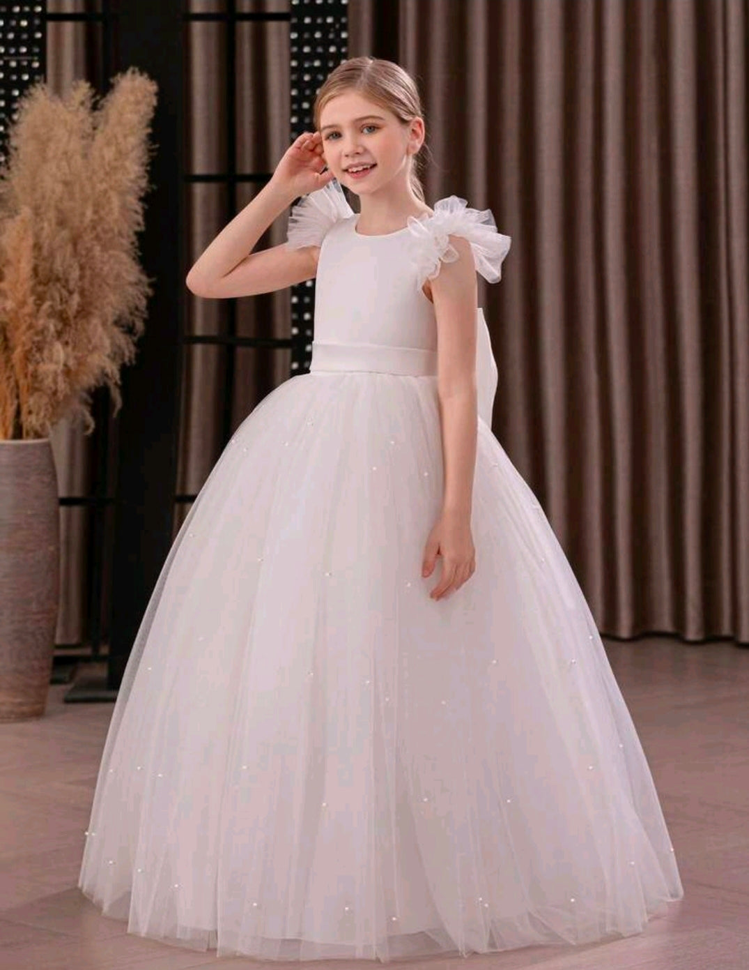 Tween Girl Ruffled Bowknot Decor Tulle Princess Dress White