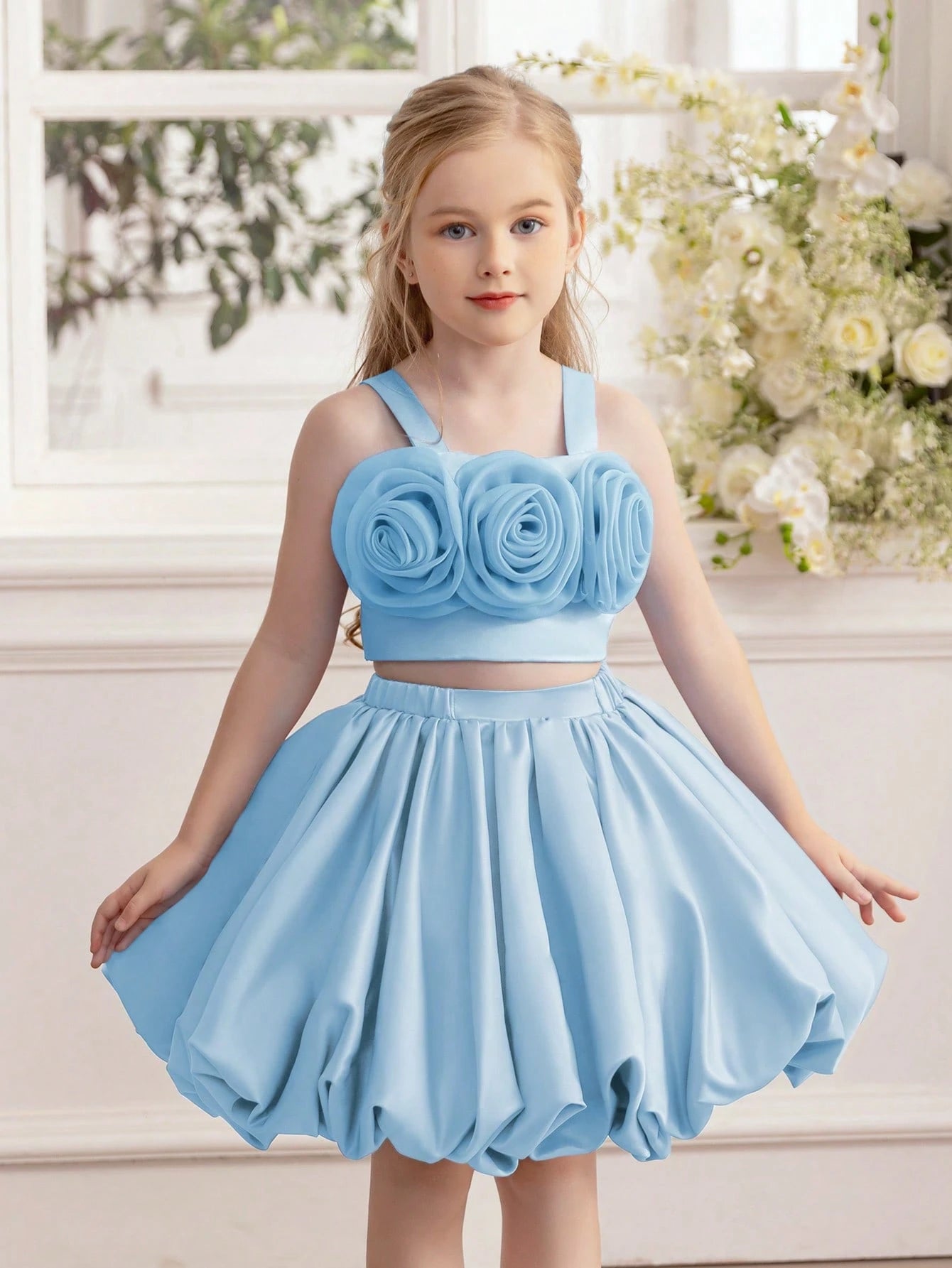 3D Floral Camisole 2 Piece Set For Girls