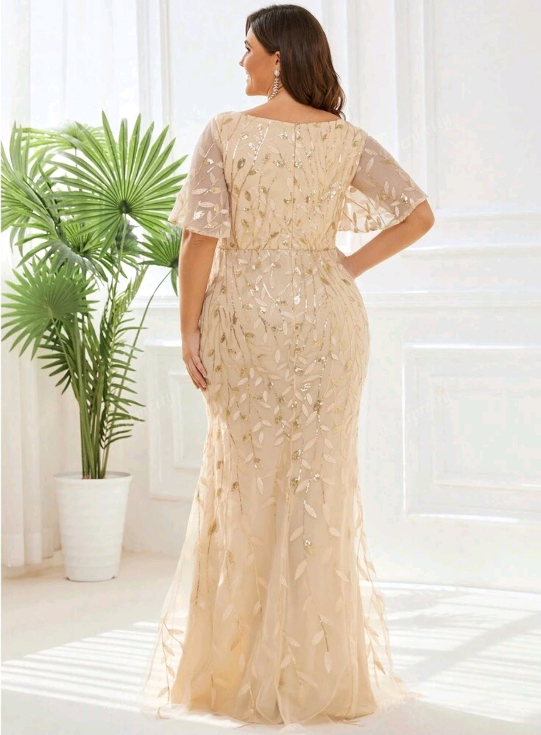 Plus Size Mesh Panel Butterfly Sleeve Sequin Dress - Preorder