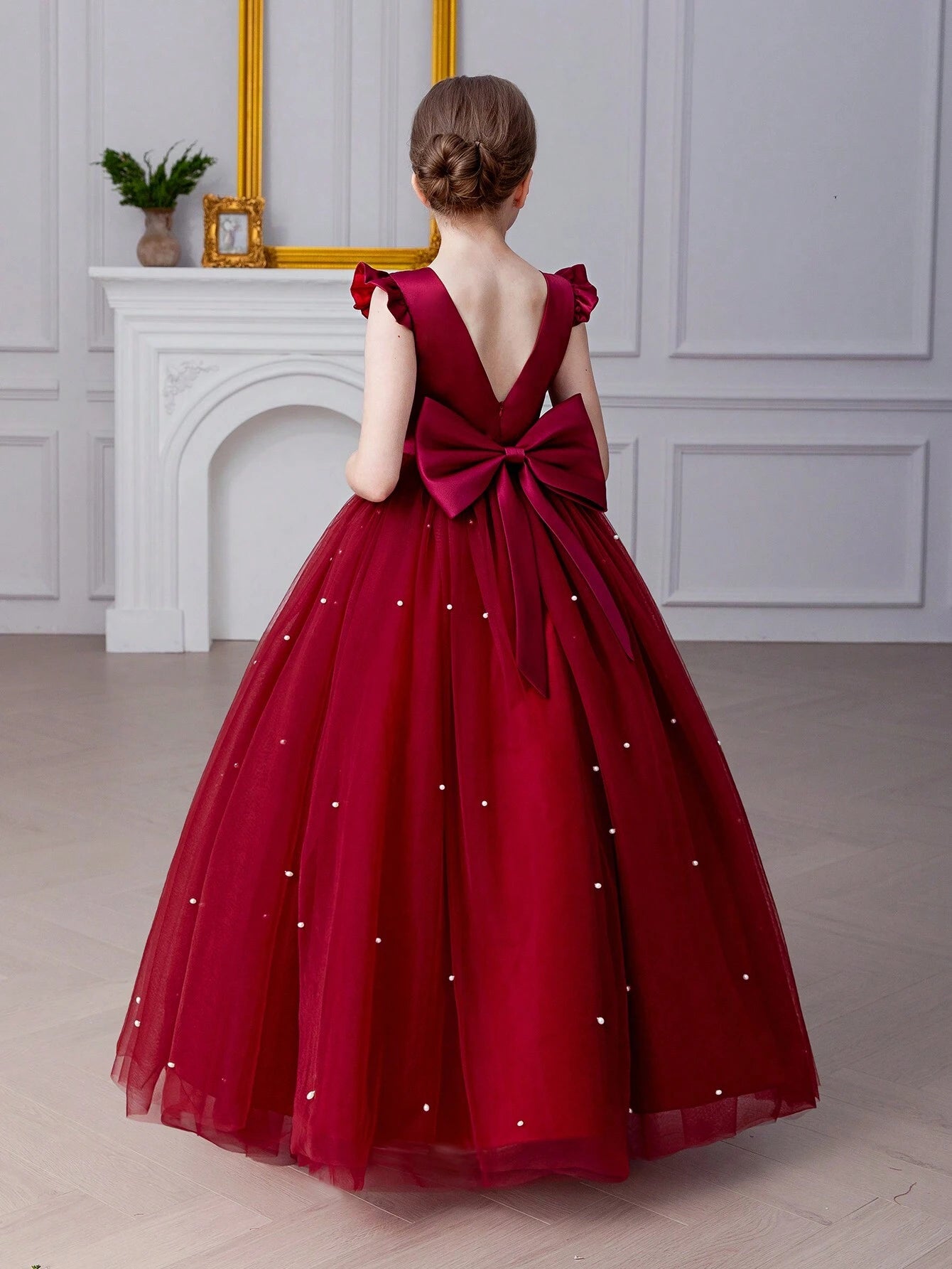 Tween Girl Ruffled Bowknot Decor Tulle Princess Dress