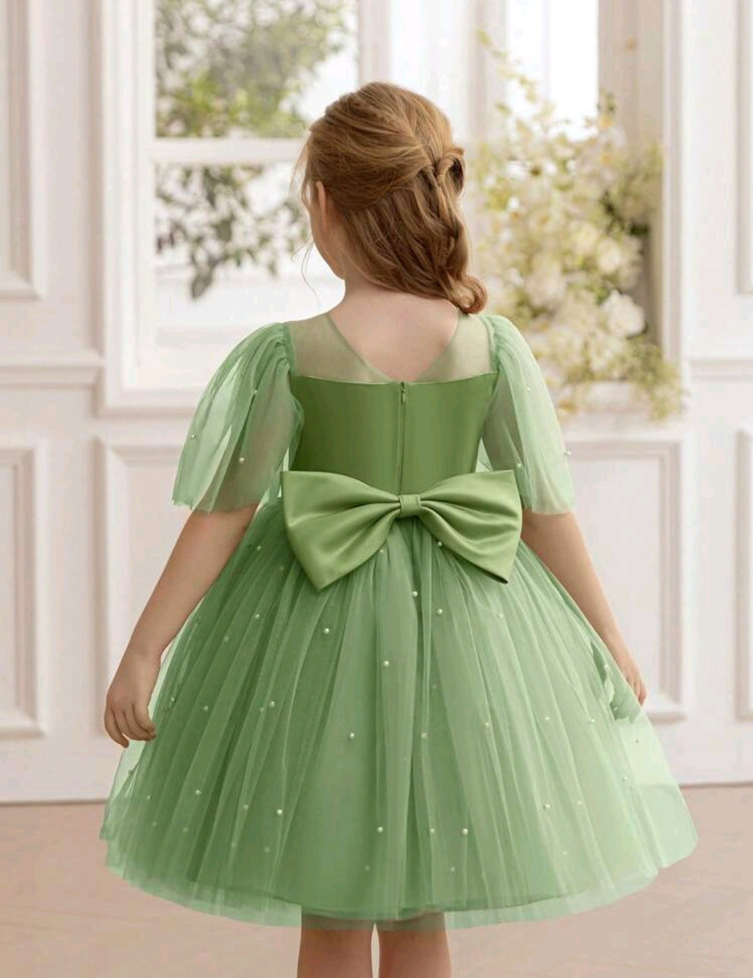 Girls Pearl Decor Tulle Sleeve Bow Party Dress