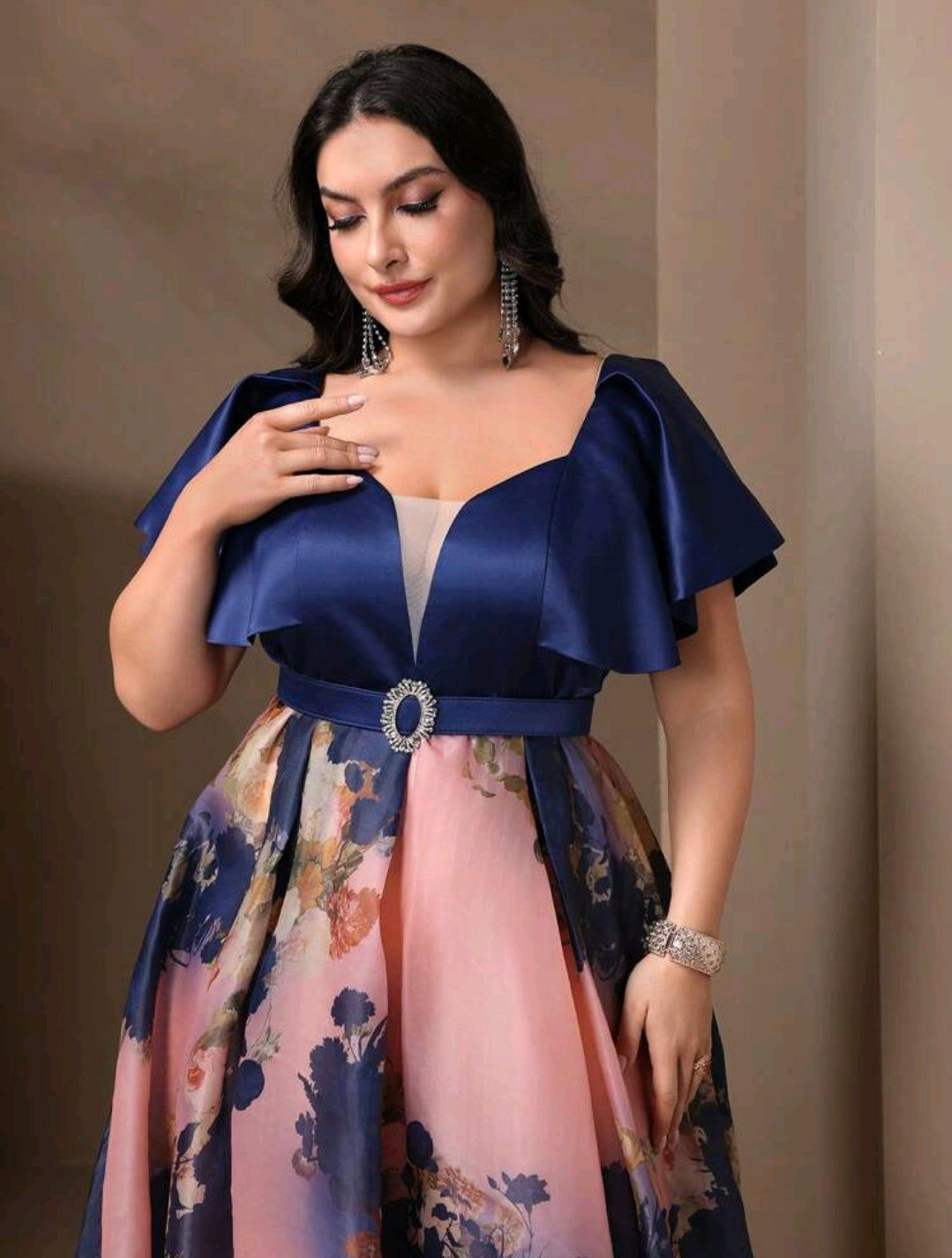 Plus Size Floral Print Patchwork Bridesmaid Maxi Dress