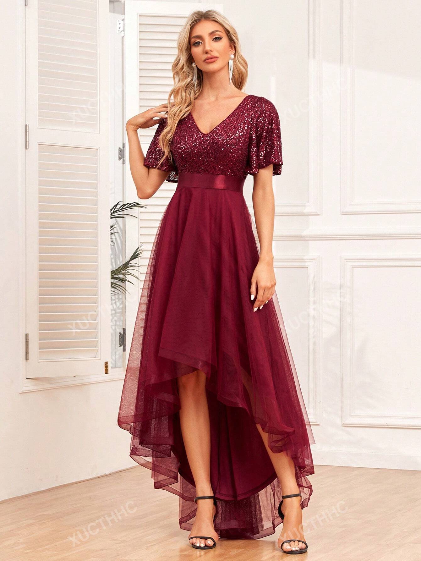 V Neck Short Sleeves Asymmetrical Hem Bridesmaid Dress