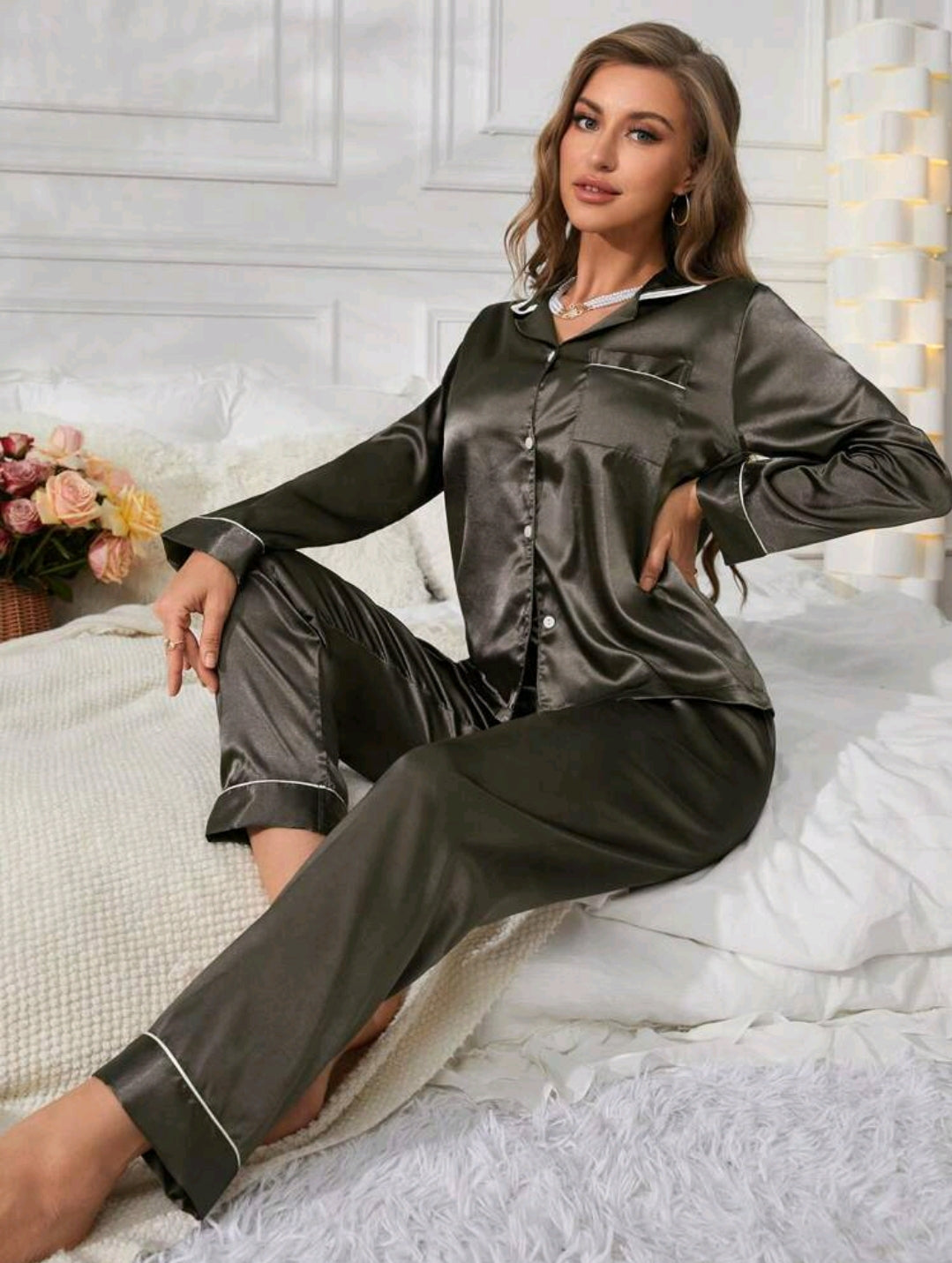Ladies' Satin Collar Top And Long Pants Pajamas Set