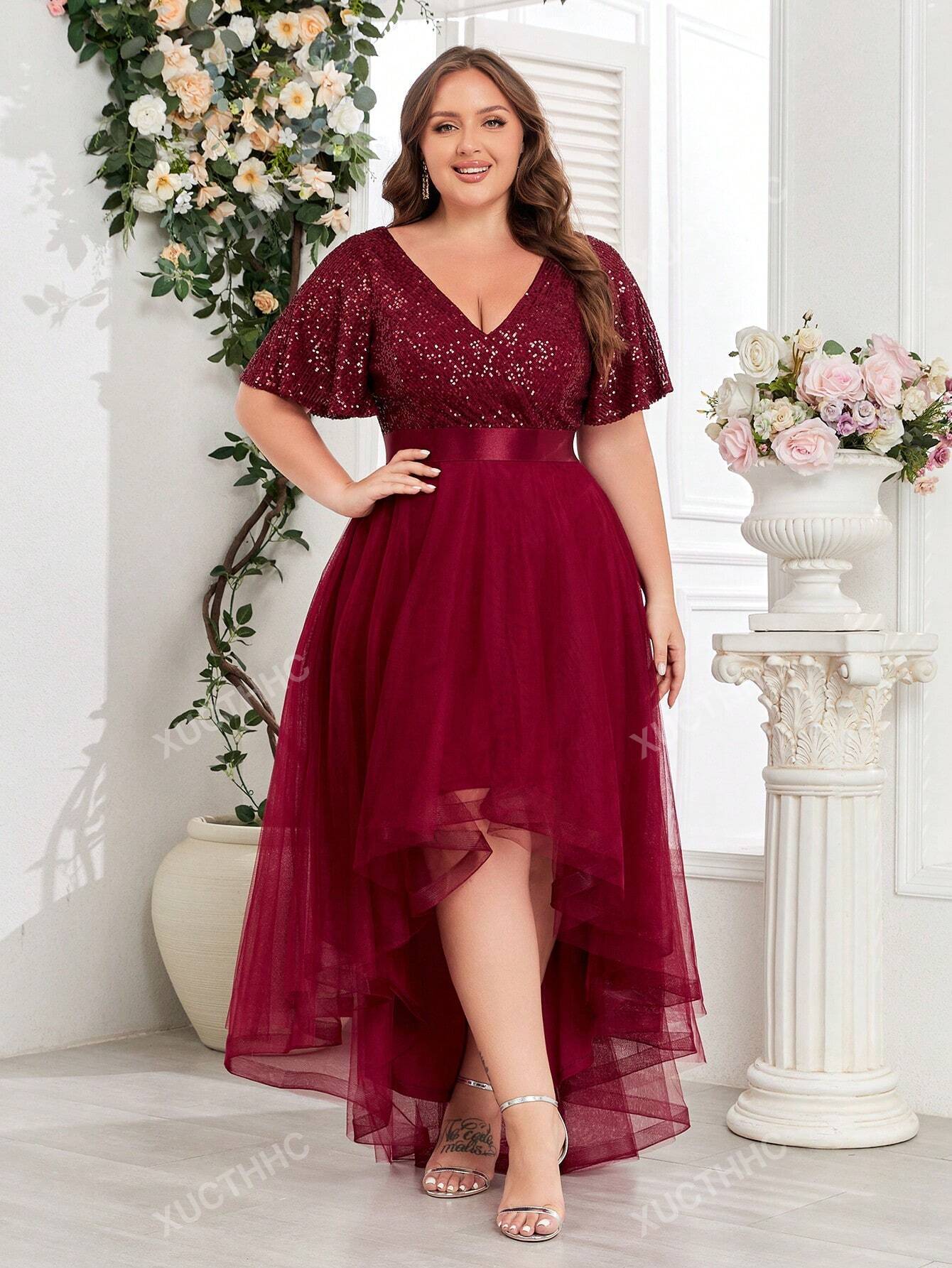 V Neck Short Sleeves Asymmetrical Hem Bridesmaid Dress