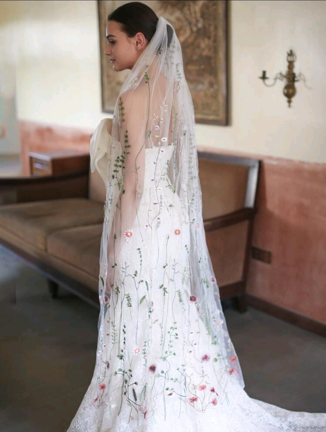 Embroidered Flower Leaf & Butterfly Long Bridal Veil