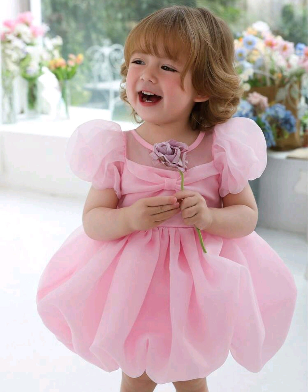 Toddler Bowknot Puff Sleeve Tulle Dress