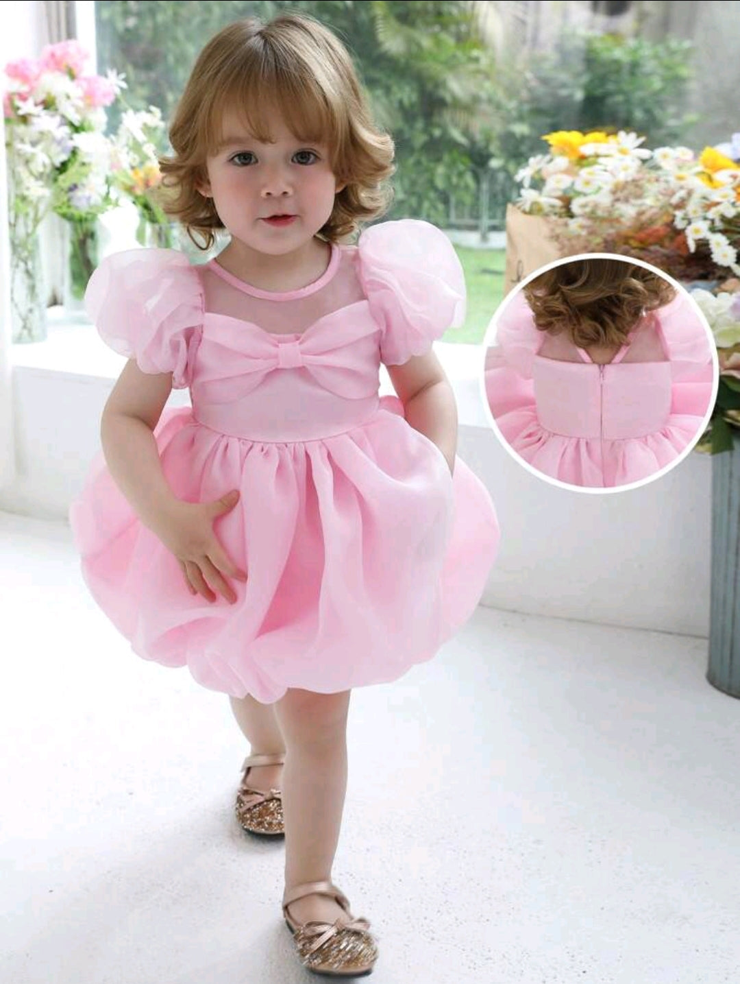 Toddler Bowknot Puff Sleeve Tulle Dress